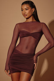 Oh Polly Essie robe mini marron mesh manches longues