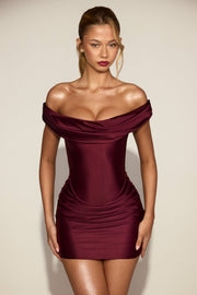 Oh Polly Maeve robe mini satin bordeaux épaules dénudées