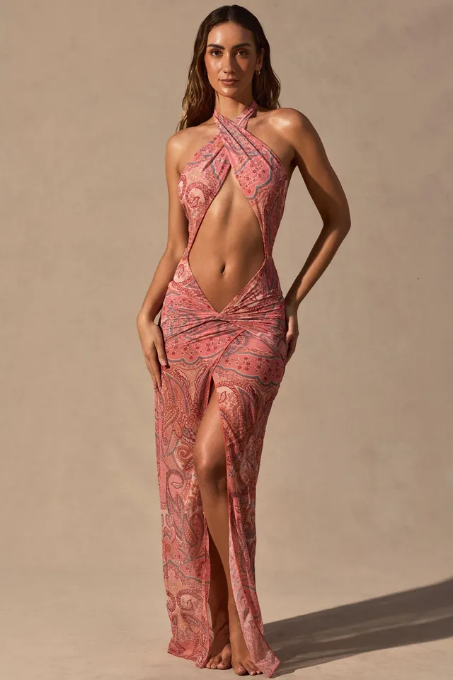 Oh Polly Caicos robe maxi licou paisley dos nu fendue