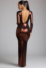 Oh Polly Safiya robe longue cuivre bronze jersey métallique