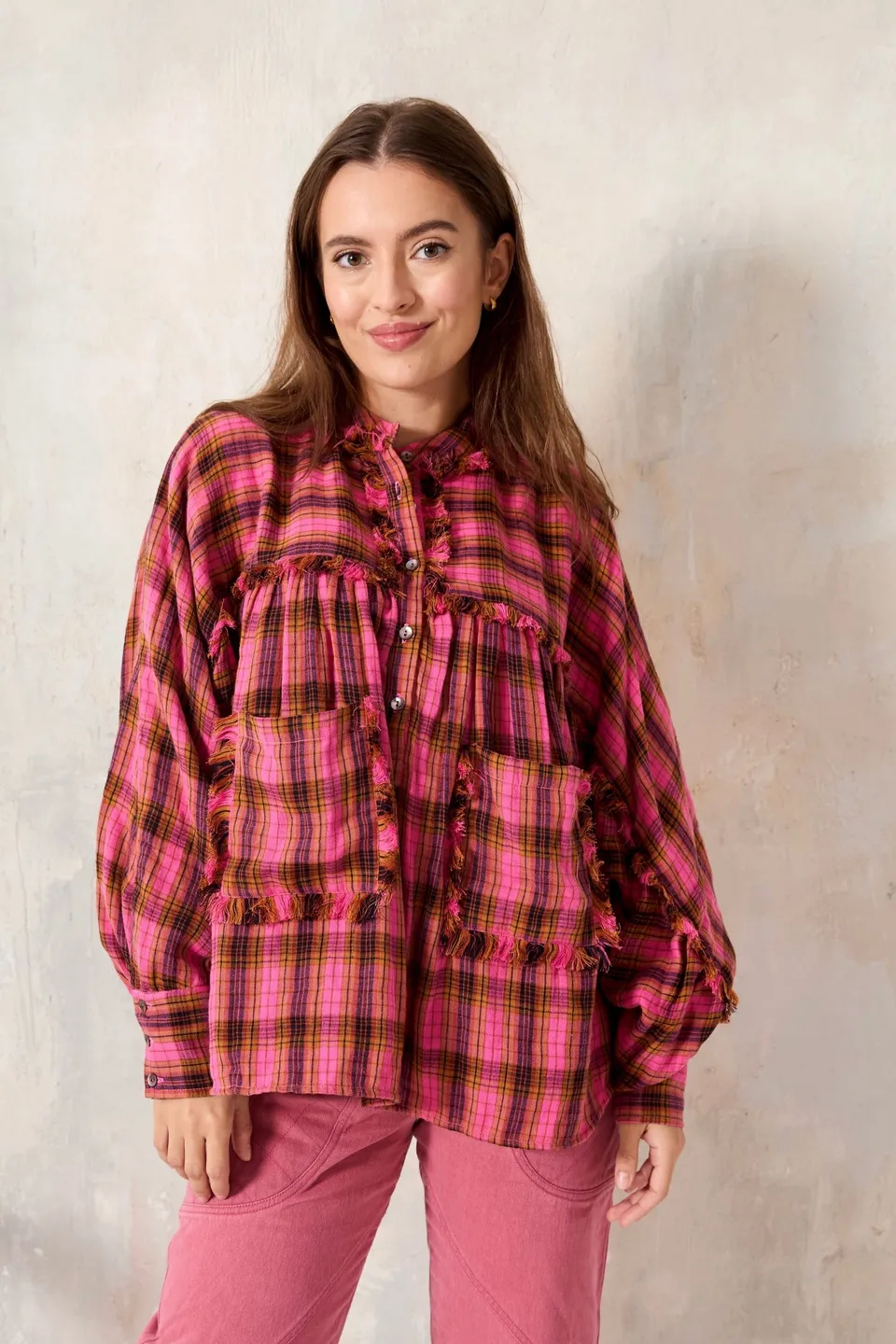 CHICOSOLEIL GOYA chemise pink check coton franges