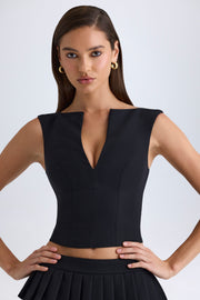 Oh Polly Kadie Crop Top Noir Col V Structuré Tissé Stretch