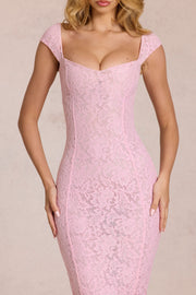 Oh Polly 15919 robe longue dentelle rose moulante