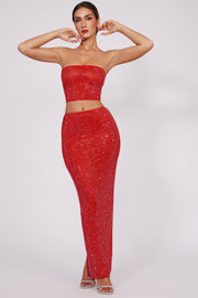 Oh Polly Embellished Jupe Maxi 7835 Rouge Feu Strass