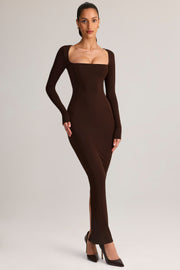 Oh Polly Lux robe longue marron col carré moulante