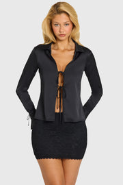 Oh Polly Tops Hettie Chemise Satin Noire Nouée