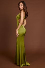 Oh Polly Vittoria robe maxi olive satin dos lacets
