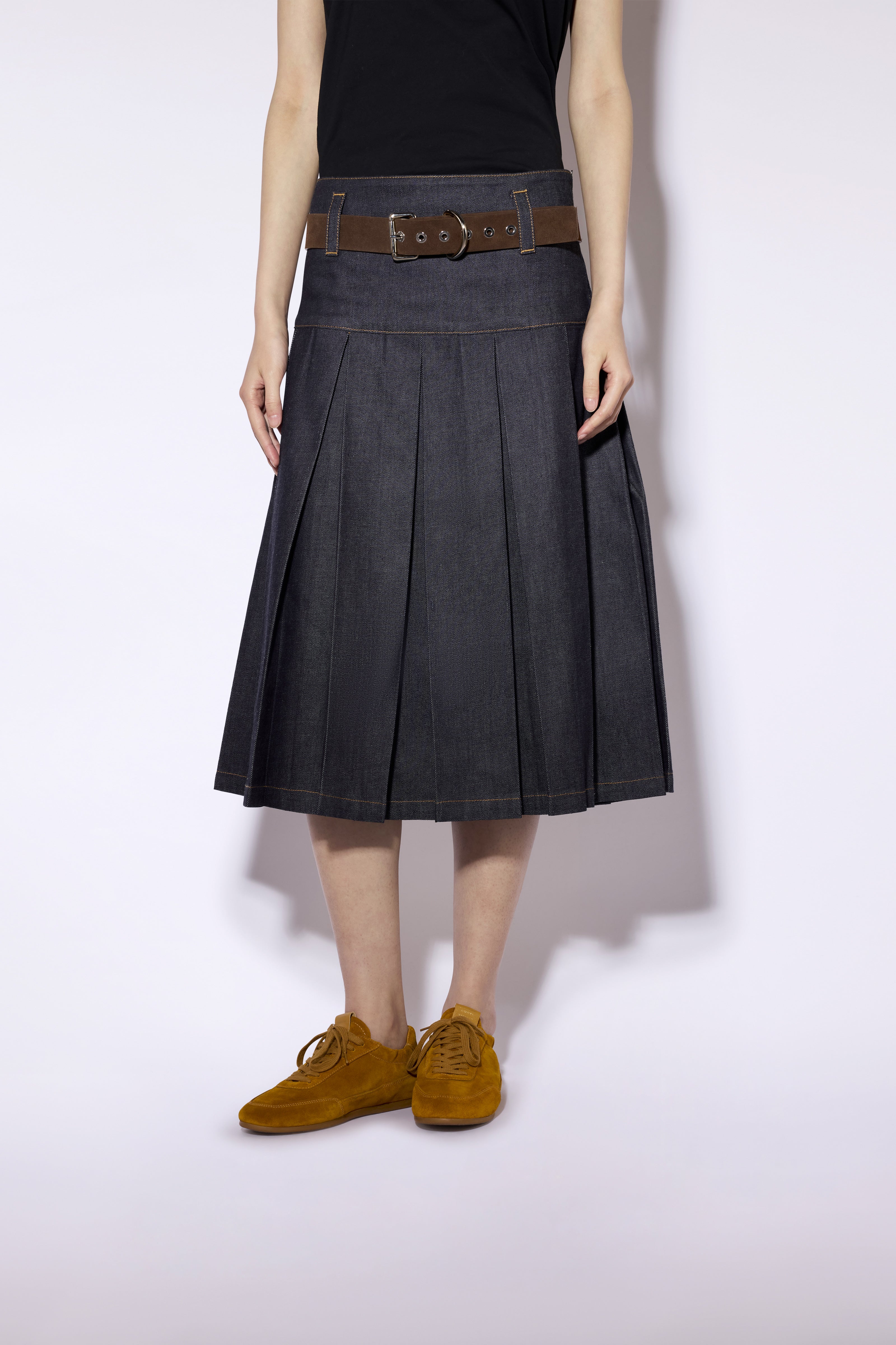 Liviana Conti Wendy Jupe Denim Brut Midi Plissée Taille Haute