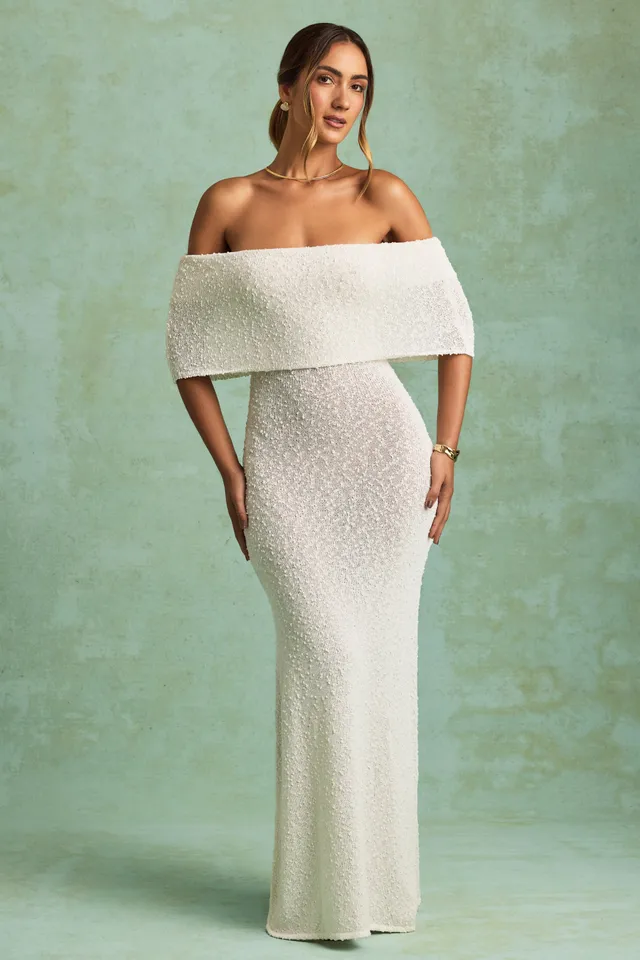 Oh Polly Dresses Naia maxi robe blanche épaules dénudées
