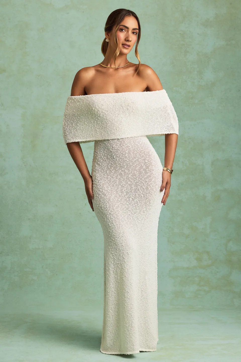 Oh Polly Dresses Naia maxi robe blanche épaules dénudées