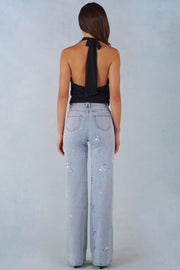 Oh Polly Mid-Rise Straight Jean Droit Denim Clair Fleurs