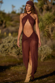 Oh Polly Caicos NS0923 robe maxi halter marron dos nu fente