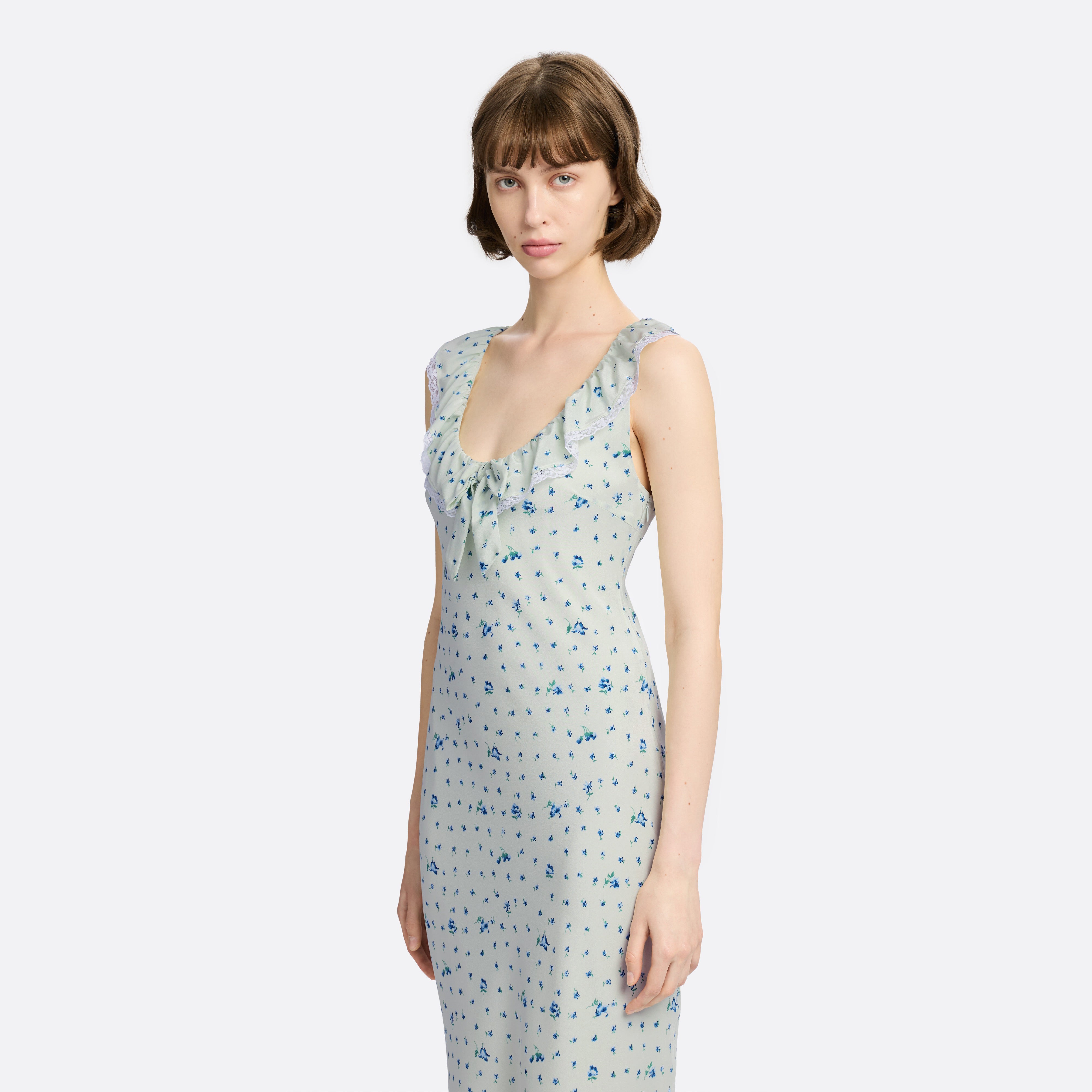 Alessandra Rich Silk Slip Midi robe nuisette bleu aqua floral
