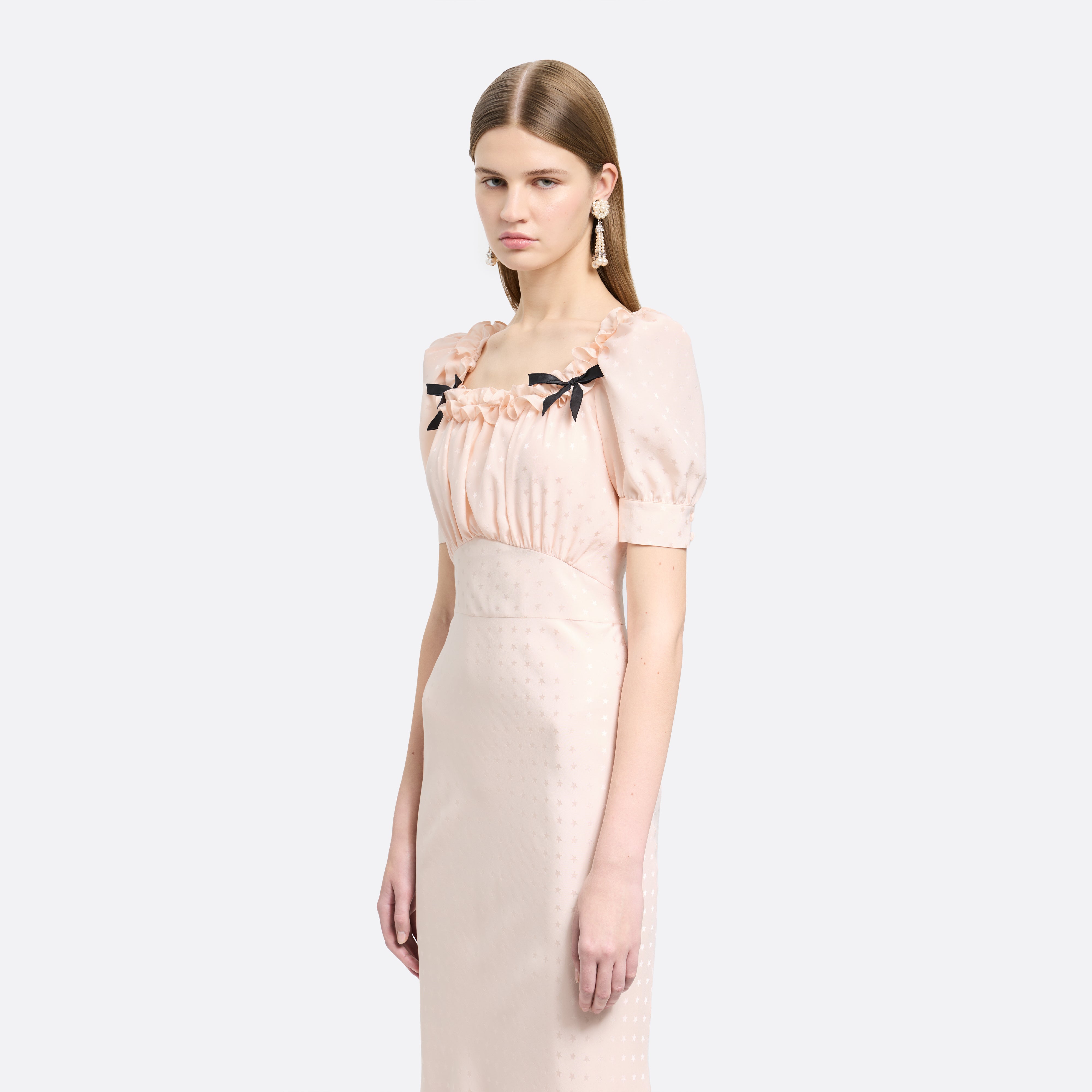 Alessandra Rich Silk Jacquard robe midi rose col carré