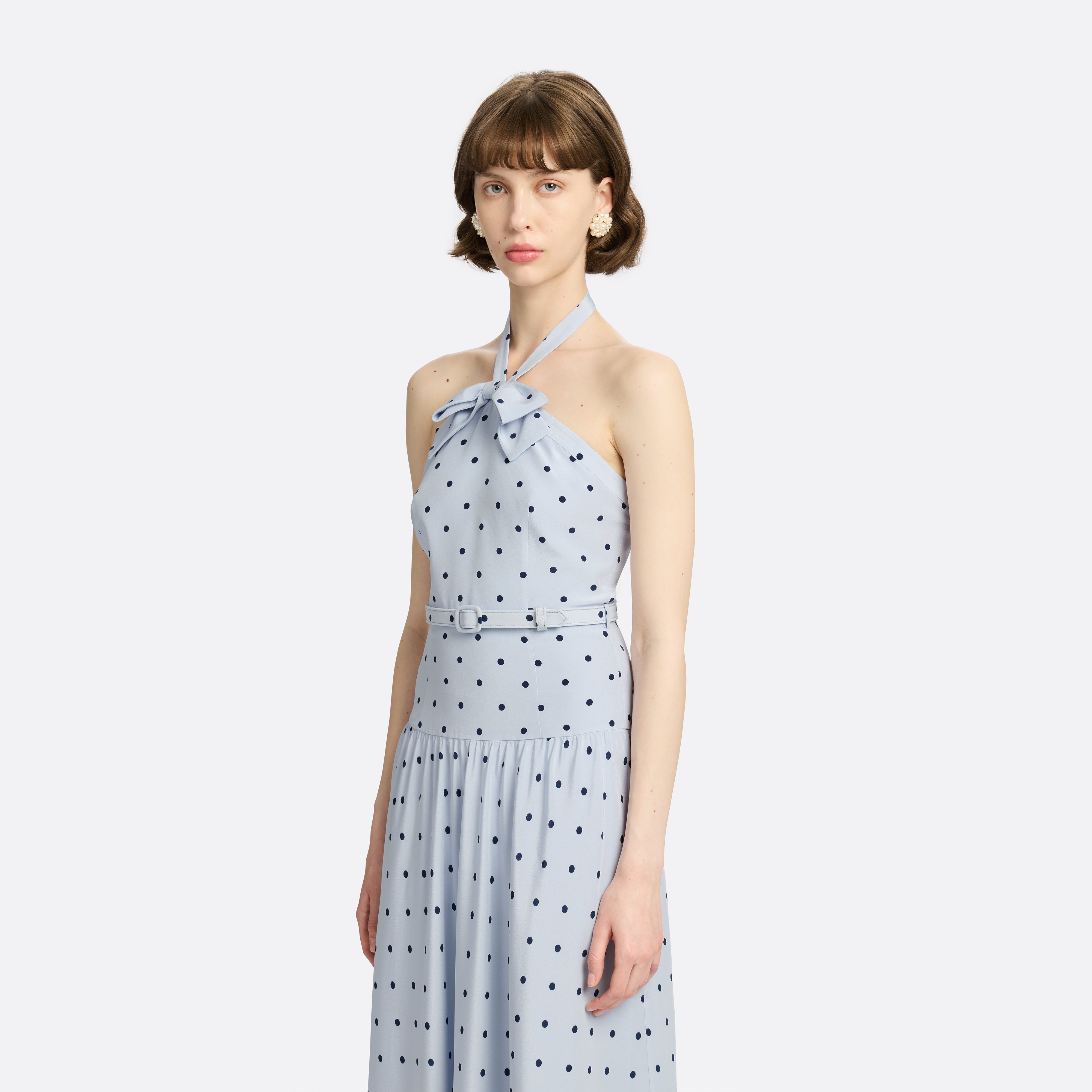 Alessandra Rich Polka-Dot Silk Halterneck Midi Dress robe soie bleu clair 40