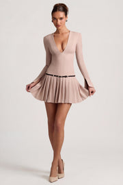 Oh Polly Fiorella robe mini plissée mushroom manches longues