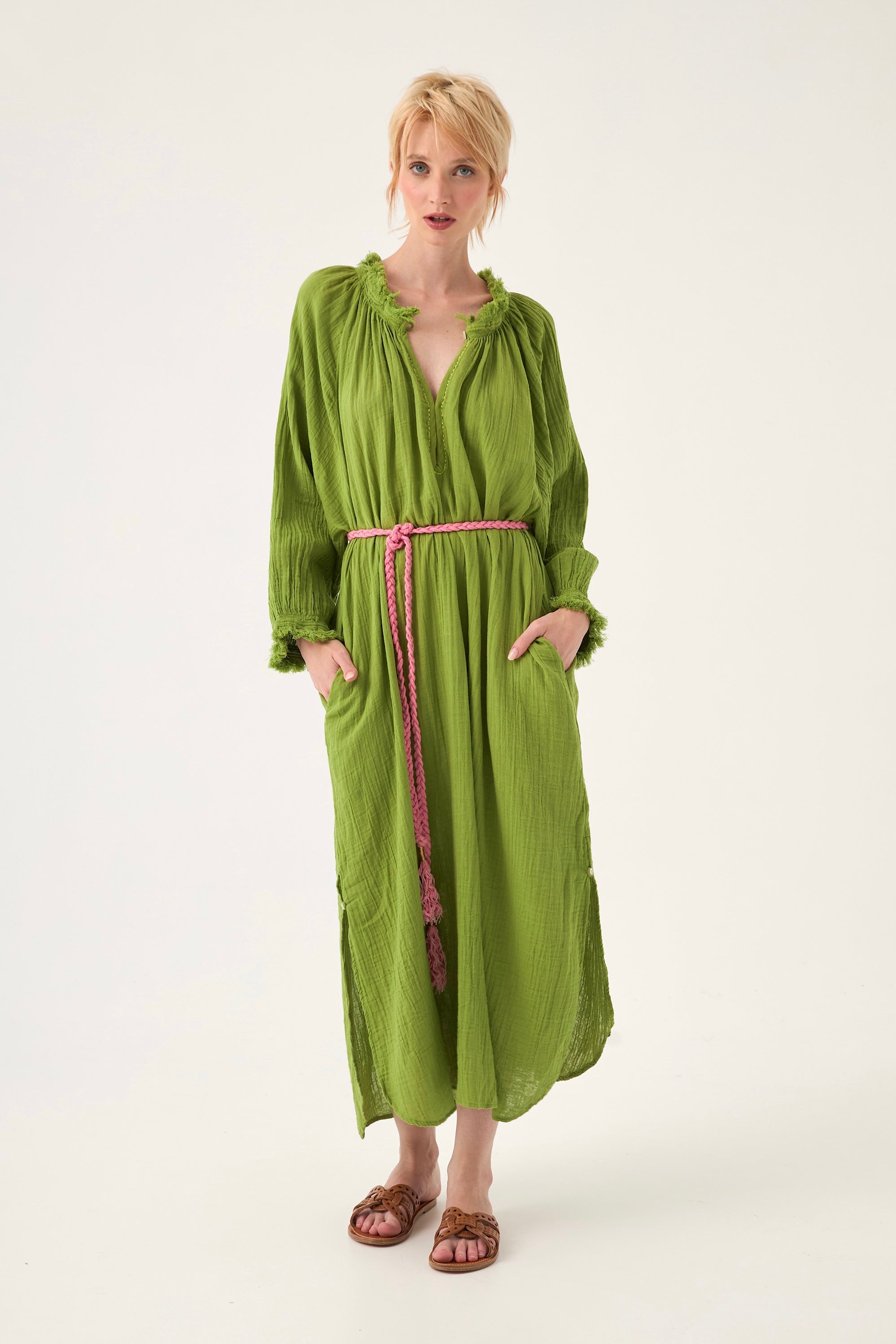 Chicosoleil Marigold robe longue vert péridot gaze coton