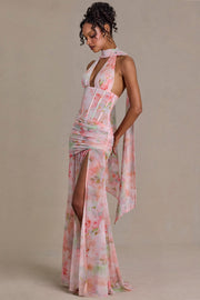 Oh Polly 15739 robe maxi rose fleurie strass foulard