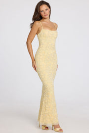 Oh Polly Valora robe maxi jaune beurre perles col carré