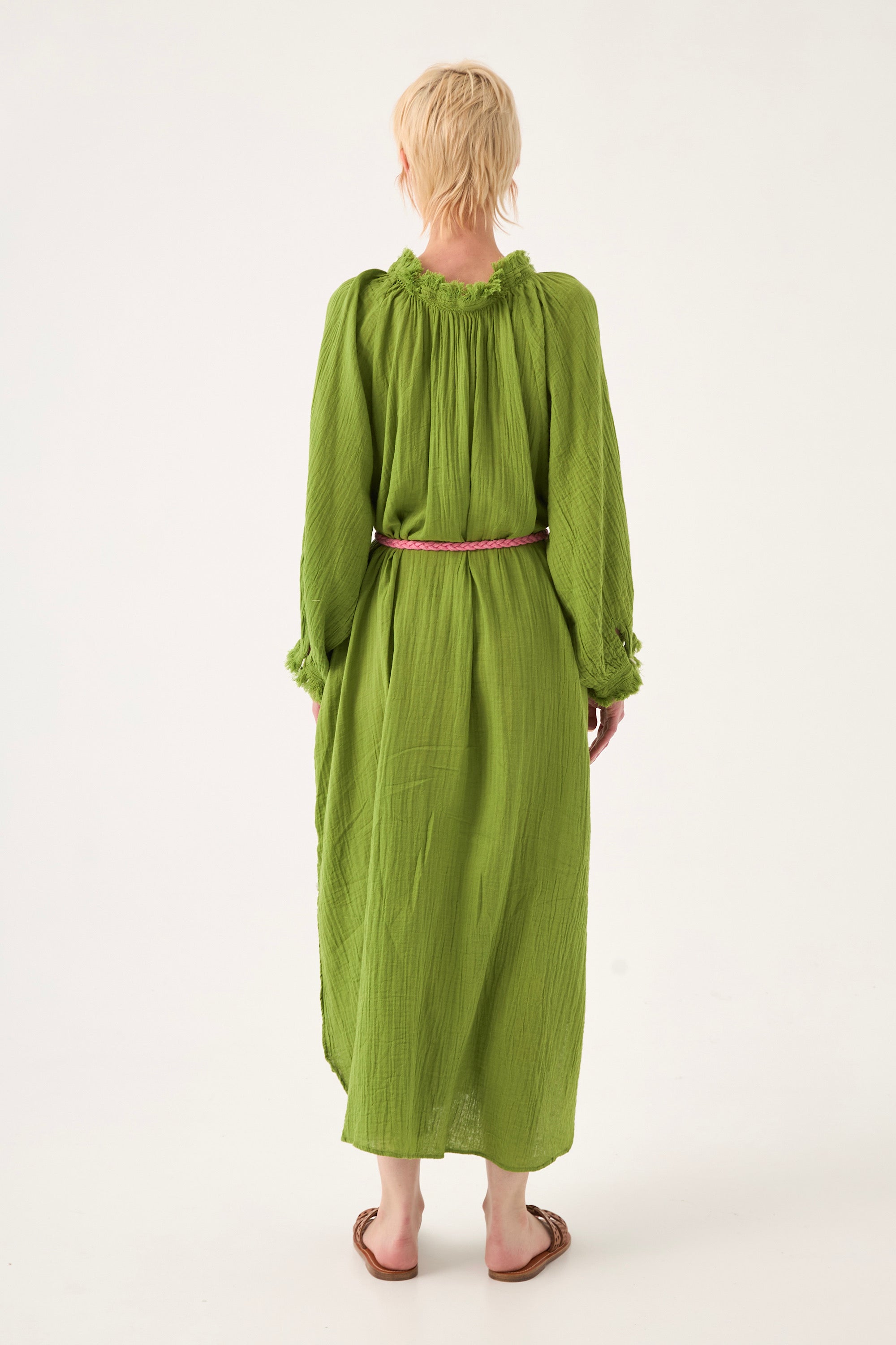 Chicosoleil Marigold robe longue vert péridot gaze coton