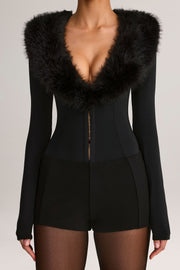 Oh Polly Nesta Combishort Noir Col Fourrure Plongeant