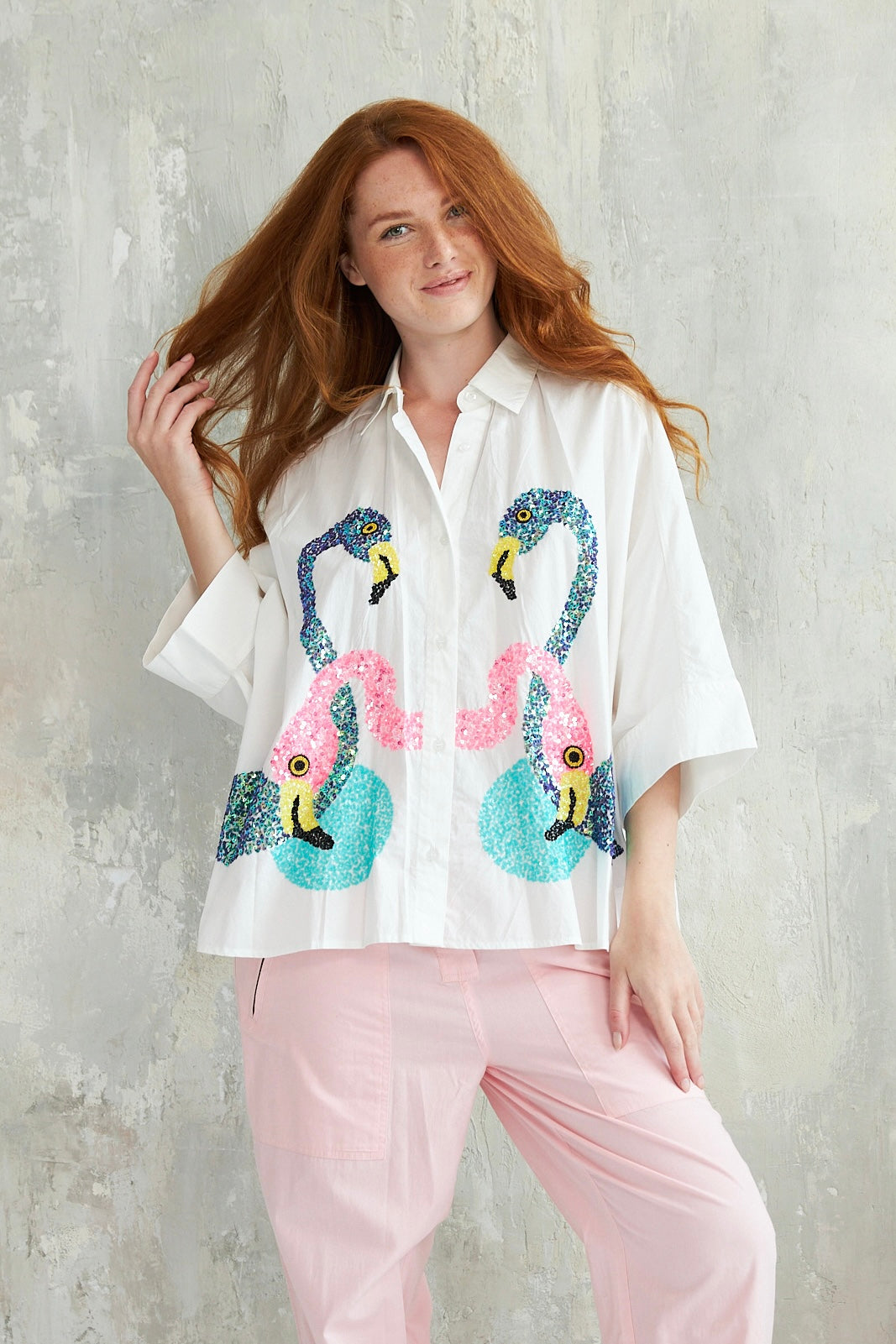 Chicosoleil Flamingo chemise blanche coton broderie
