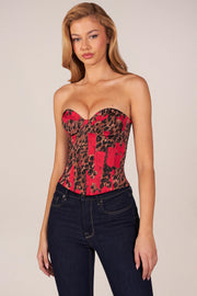 Oh Polly Top bustier corset satin léopard rose laçage