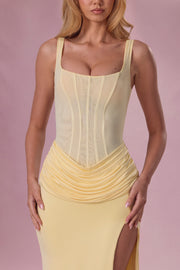Oh Polly Rosina robe longue corset beurre fente cuisse