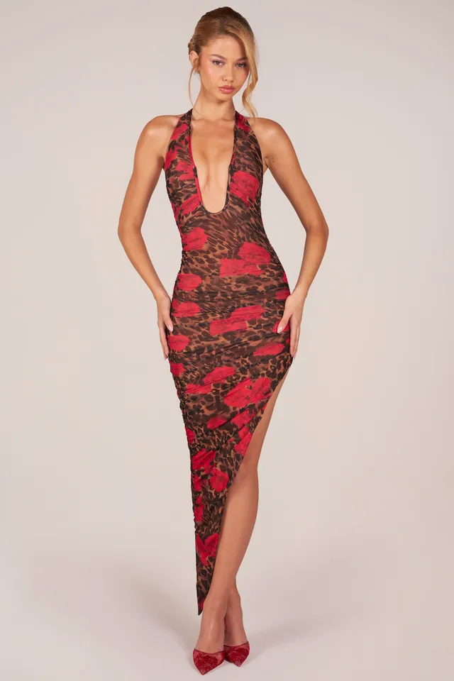 Oh Polly Robe Midaxi Licou Léopard Rose Fendue