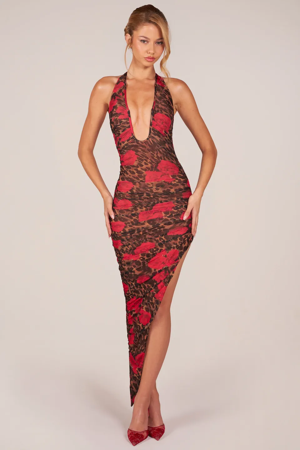 Oh Polly Robe Midaxi Licou Léopard Rose Fendue