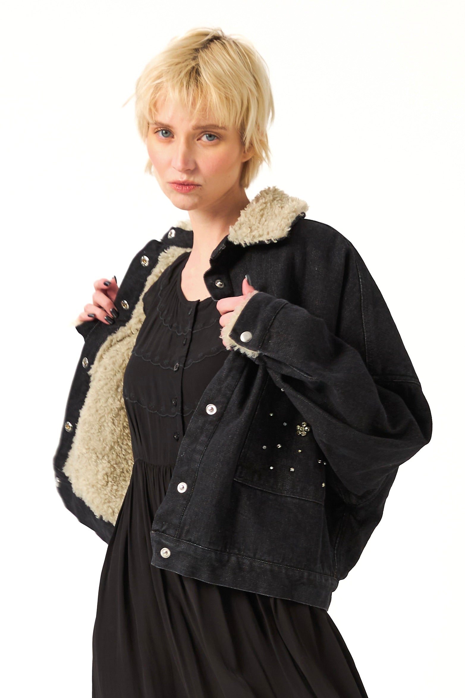 Chicosoleil Yuma veste aviateur noir denim fourrure