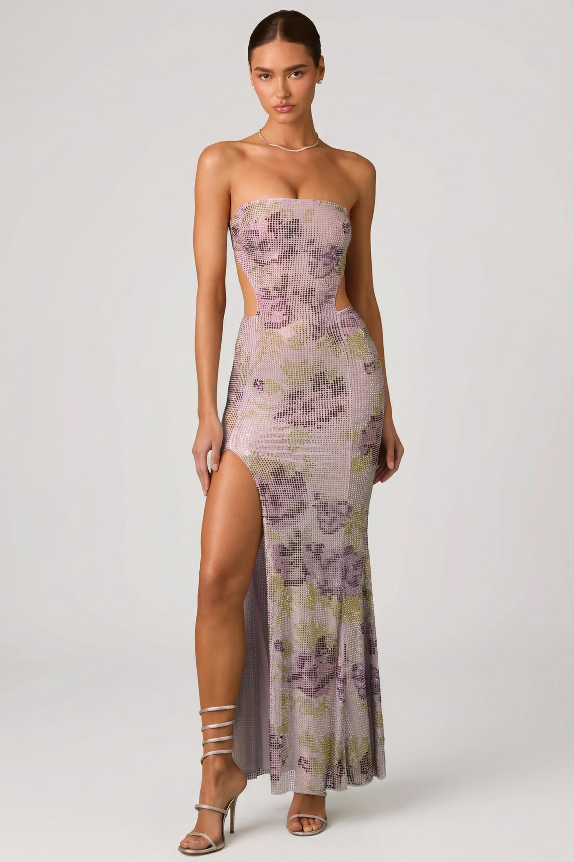 Oh Polly Lucienne robe maxi sirène lilas à strass