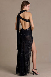 Oh Polly robe maxi noire sequins dentelle une épaule fente