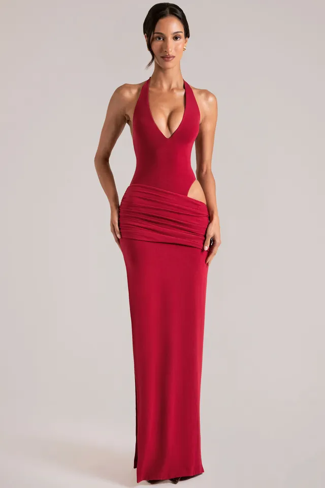 Oh Polly Deep Plunge Halterneck robe longue rouge cerise découpe