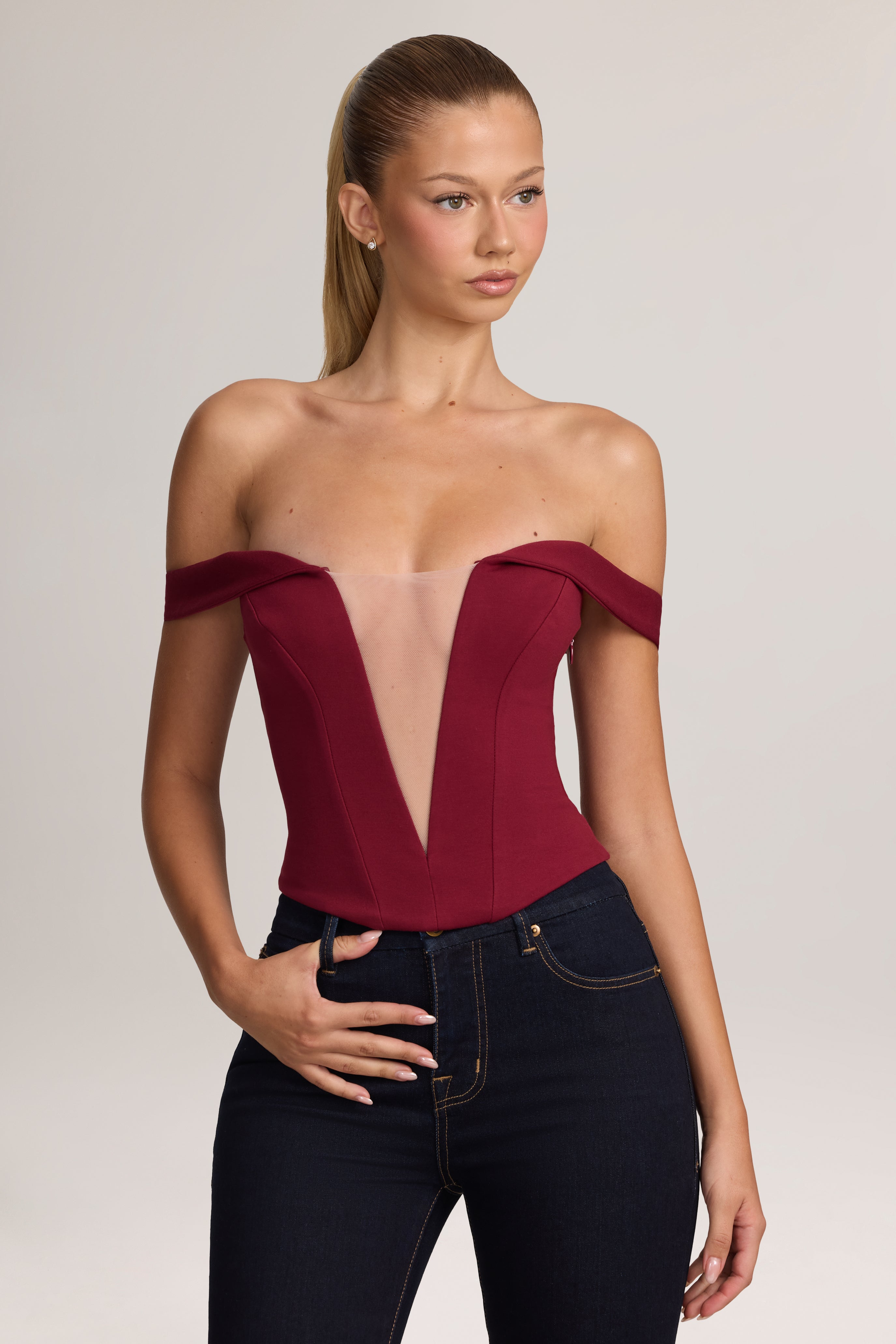 Oh Polly Jenn top corset bardot Wine ponte stretch