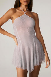 Oh Polly Juni Mini Robe Argentée Strass Dos Lacé
