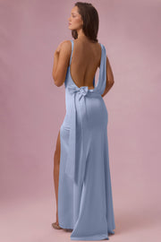 Oh Polly Dresses Florienne robe longue satin bleu ciel fendue