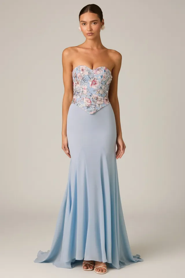 Oh Polly Lysana robe corset bleue fleurs sequins