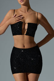 Oh Polly Embellished 12357 mini jupe sequins noir taille haute