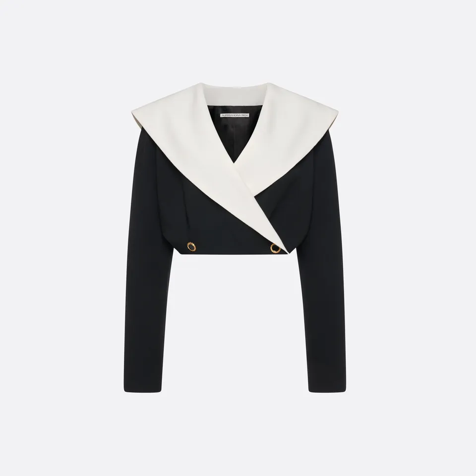 Alessandra Rich Wool Crêpe Cropped Jacket veste noire laine