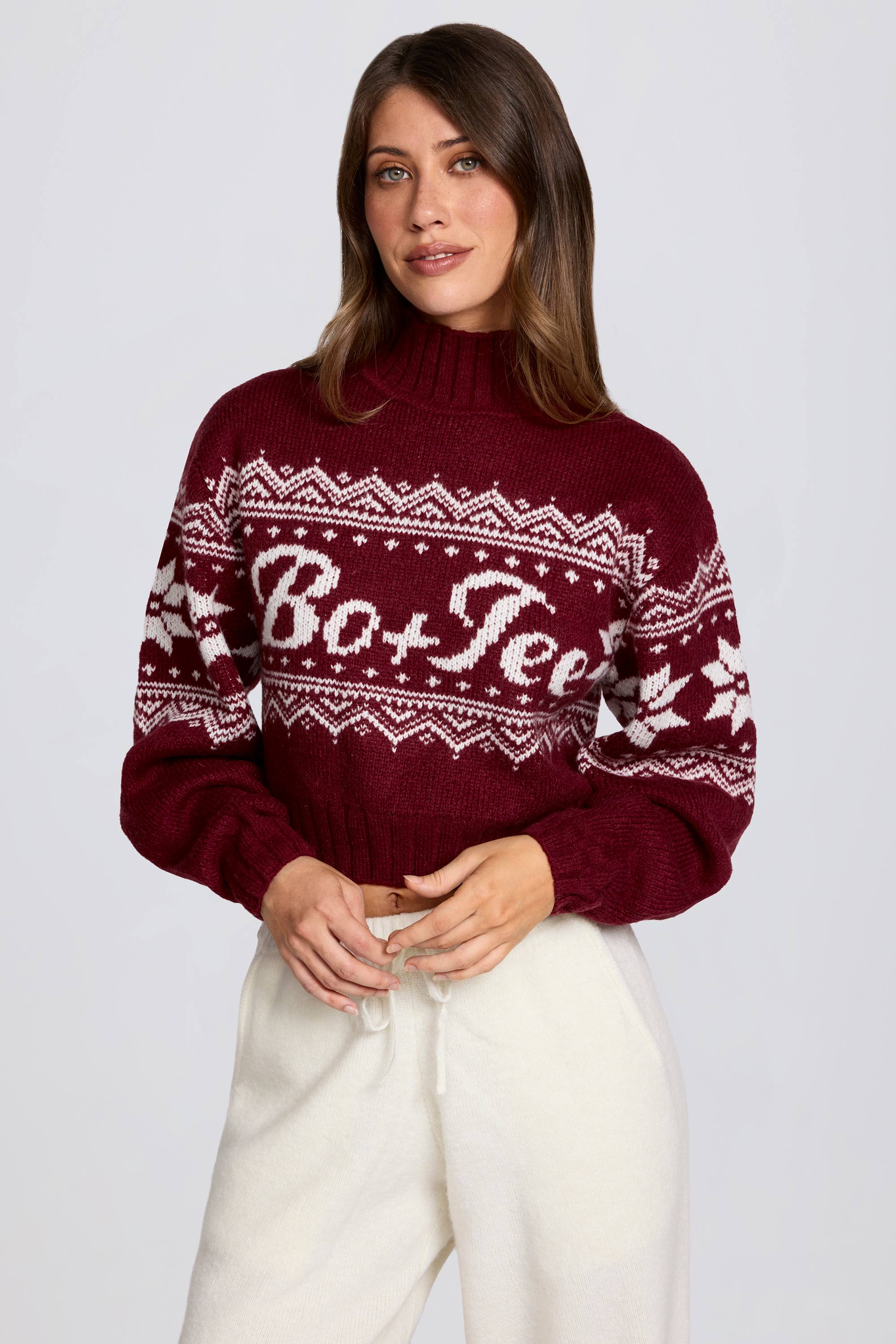 Oh Polly Knitwear BT1963 pull cropped rouge jacquard laine