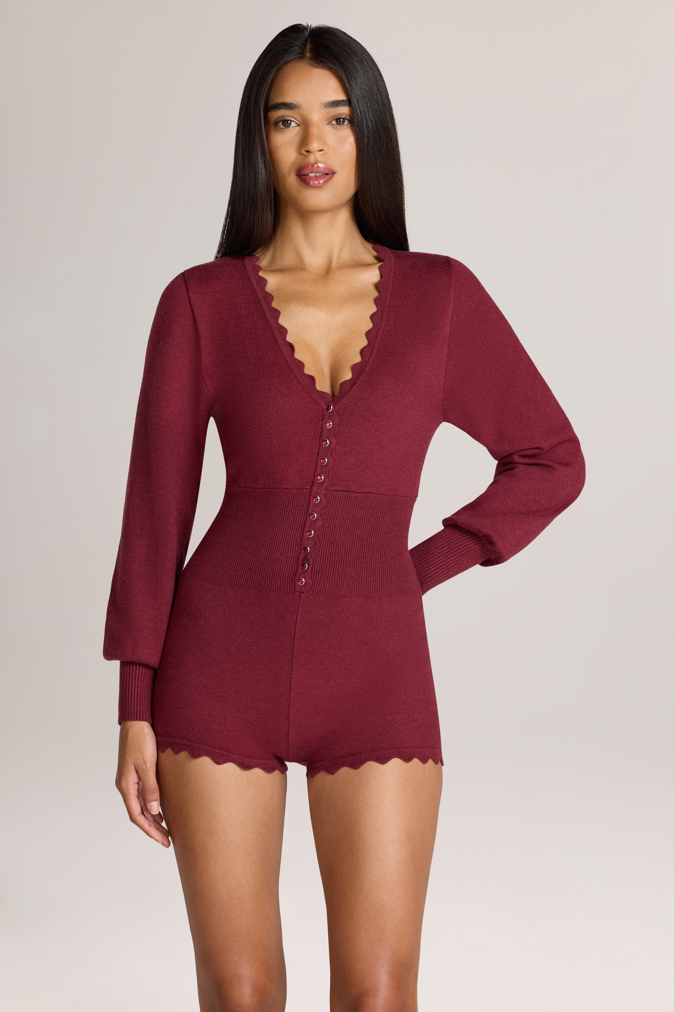 Oh Polly Myla Combishort Maille Bordeaux Manches Longues S