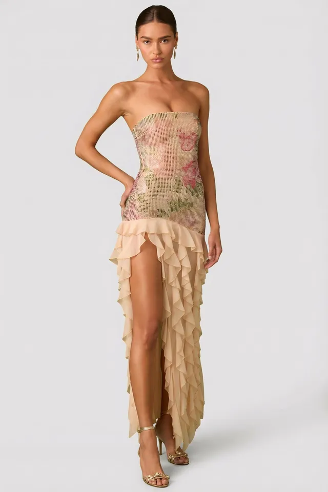 Oh Polly Embellished Diletta robe bustier rose fente 138cm