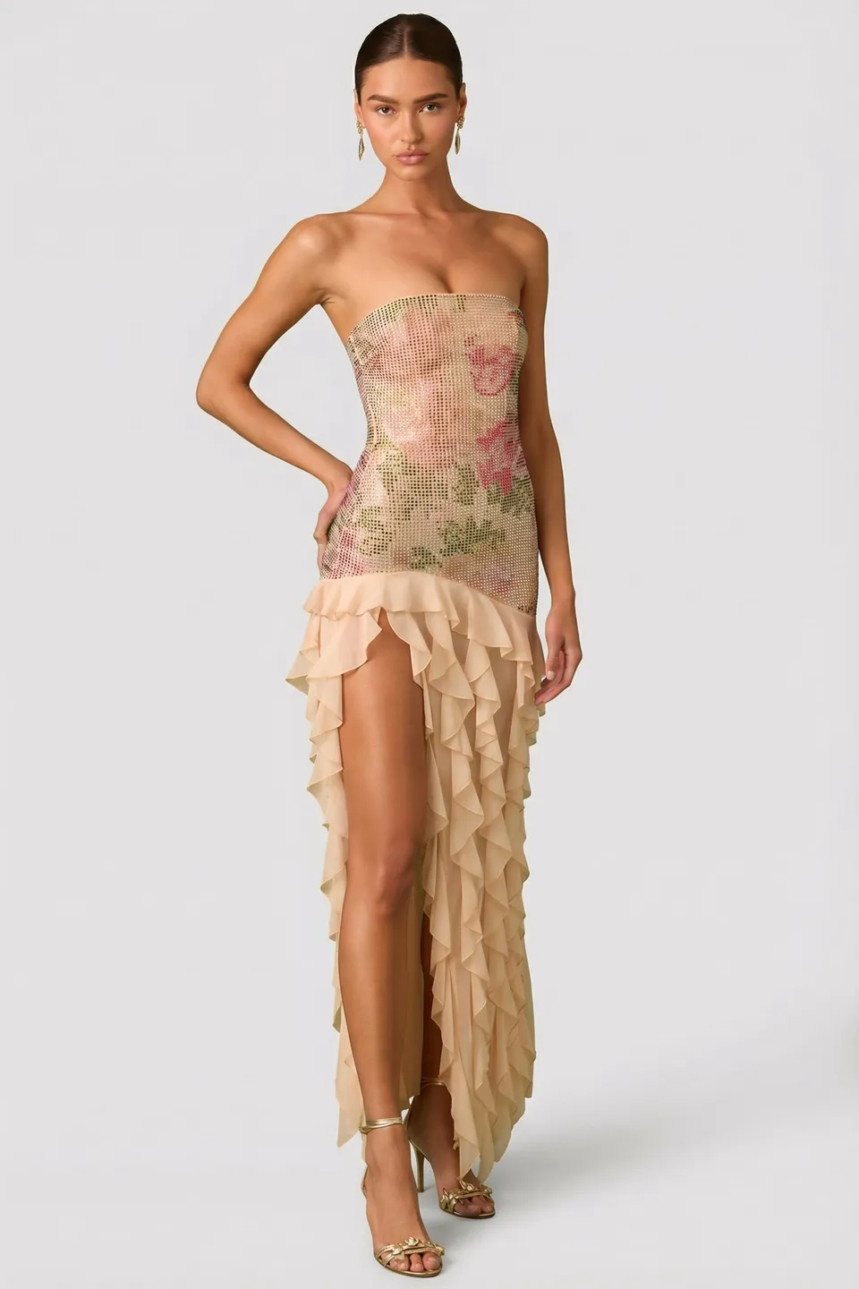 Oh Polly Embellished Diletta robe bustier rose fente 138cm
