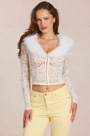 Oh Polly Solaya Cardigan dentelle Ivory col fourrure