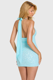 Oh Polly Isela Robe mini aqua à sequins floraux