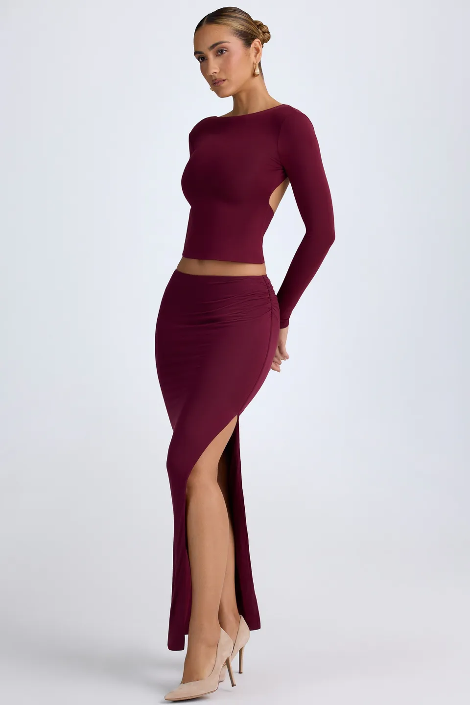 Oh Polly Carolina Jupe Maxi Wine Red Taille Basse Fendue