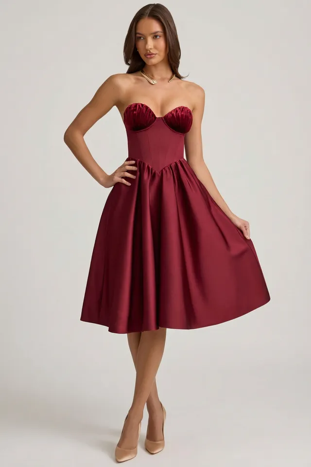 Oh Polly Gabrielle 12161 robe midi corset rouge vin
