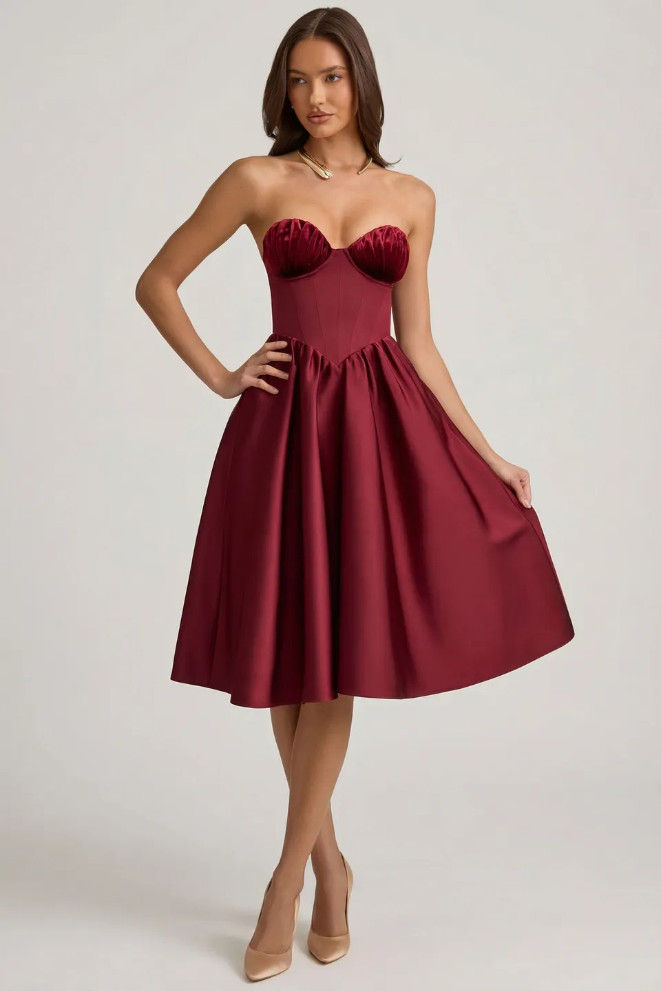 Oh Polly Gabrielle 12161 robe midi corset rouge vin