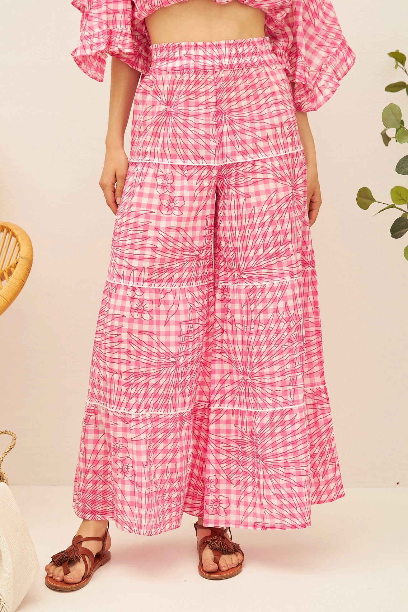 Chicosoleil Barclay pantalon large vichy bohème rose coton